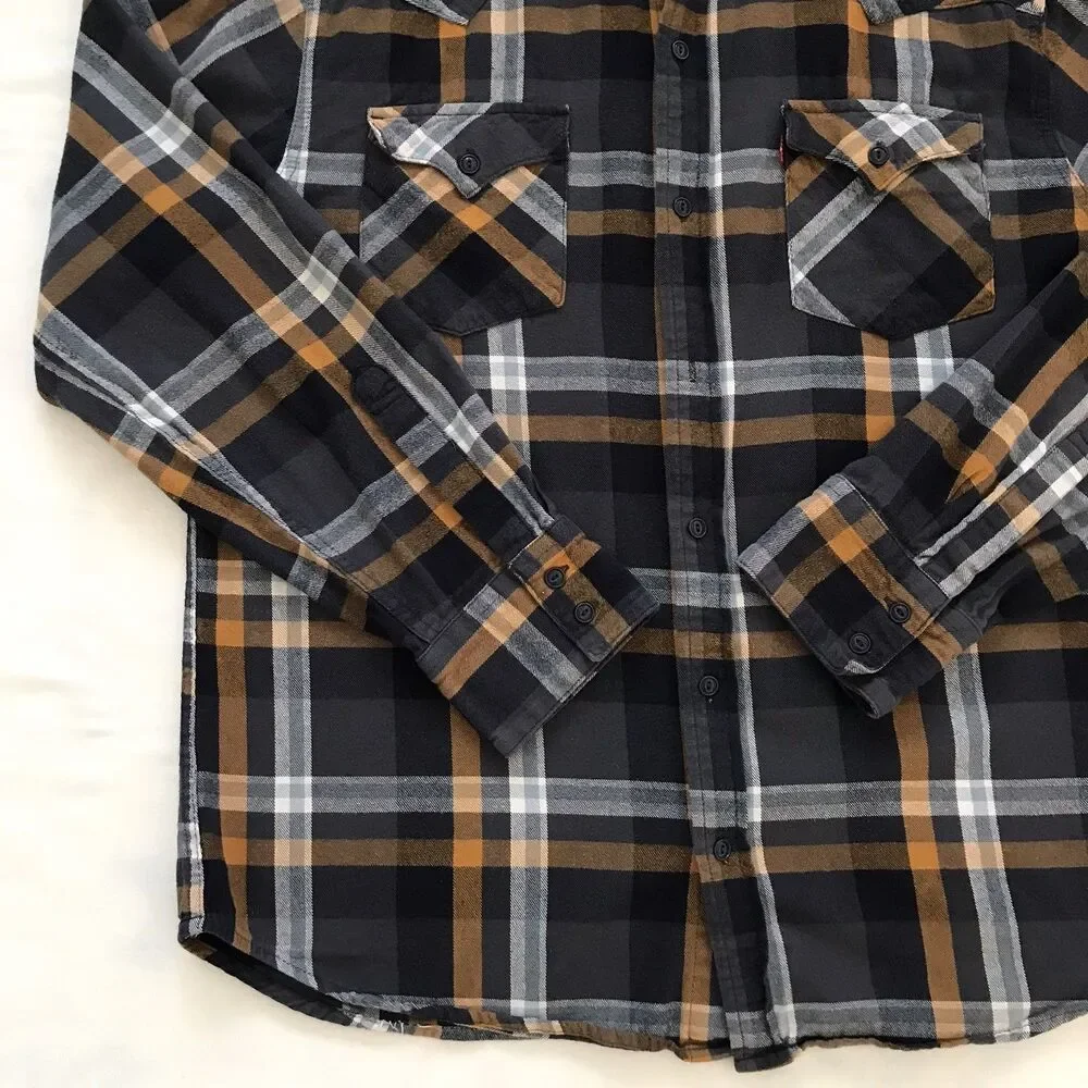 Levis Navy Blue Plaid Long Sleeve Cotton Flannel Casual Grunge Shirt Mens XL